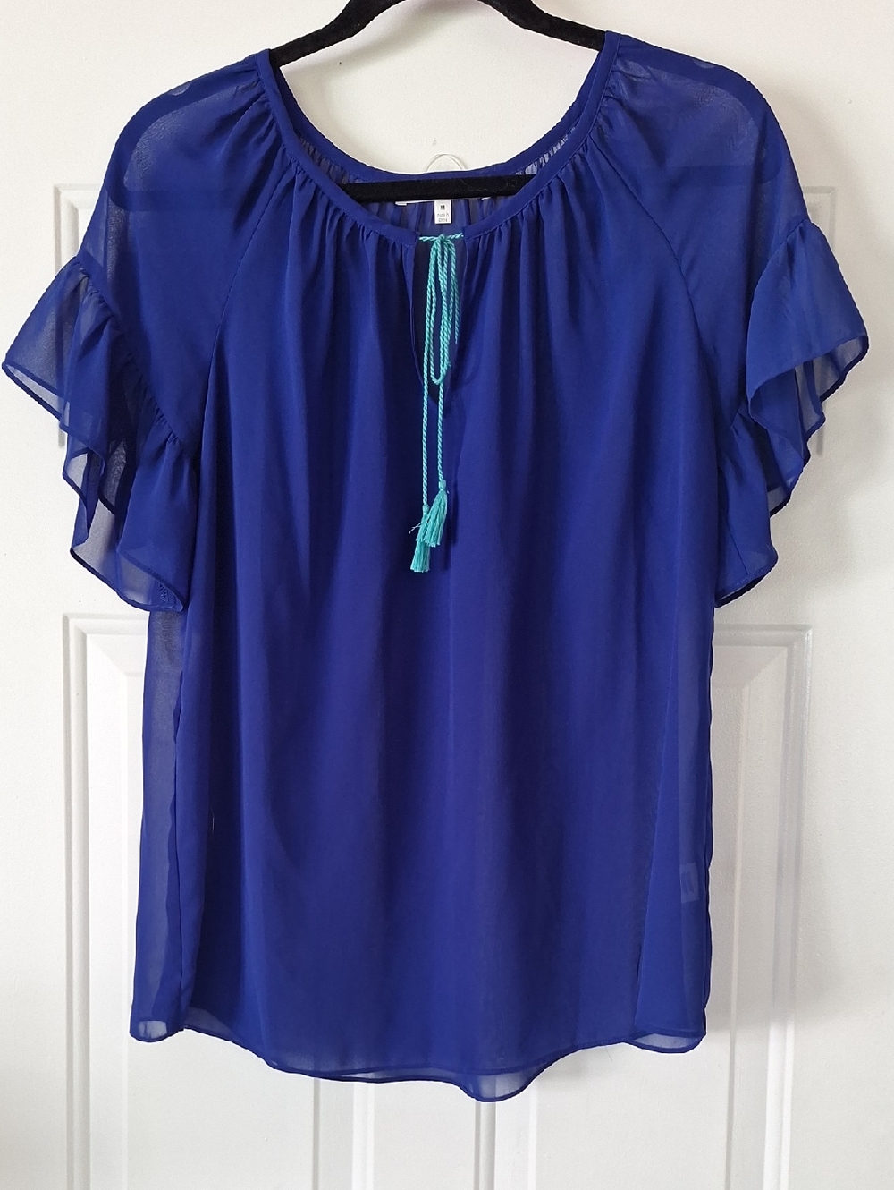 Milly Royal Blue Sheer Flutter Sleeve Blouse with Teal Tassel Tie